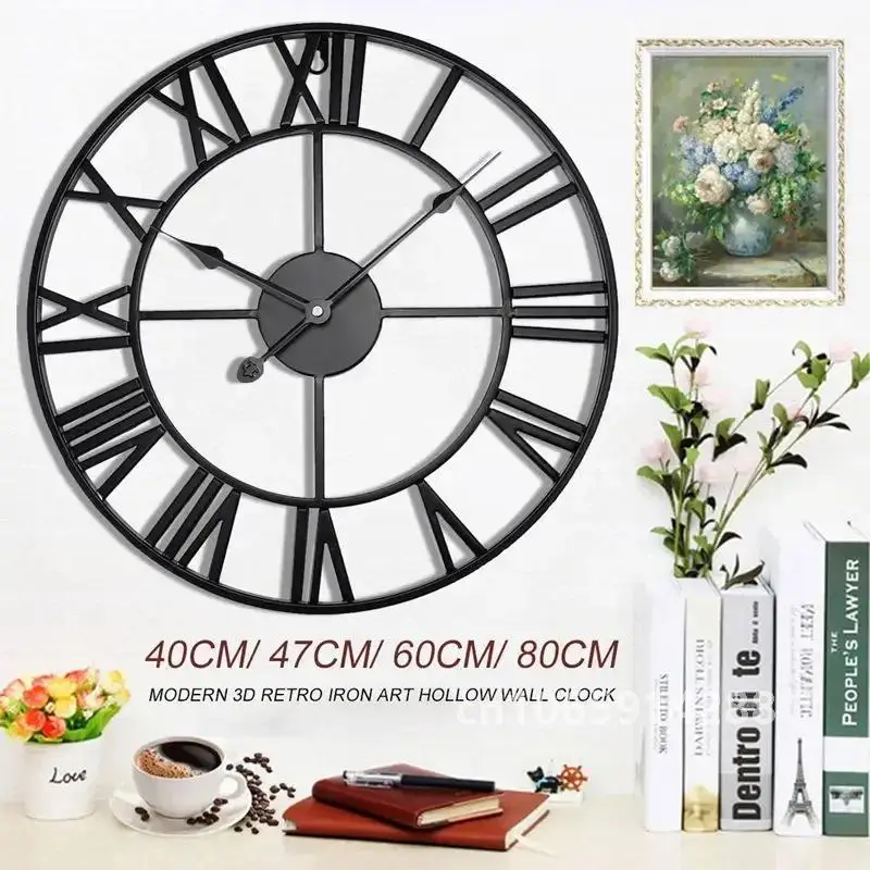 40/47/60/80cm Wall Clock Modern 3D Large Retro Black Iron Round Hollow Metal Wall Clock Nordic Roman Numerals Clock Home Decor