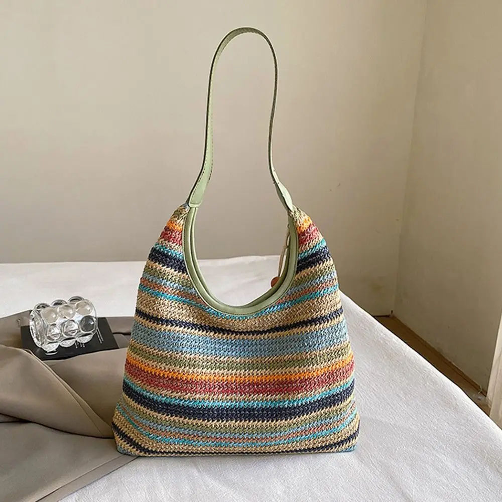 

Girls Gift Rainbow Stripe Straw Shoulder Bag Casual Large Capacity Summer Beach Bag Portable Bohemian Weave Tote Bag Vacation