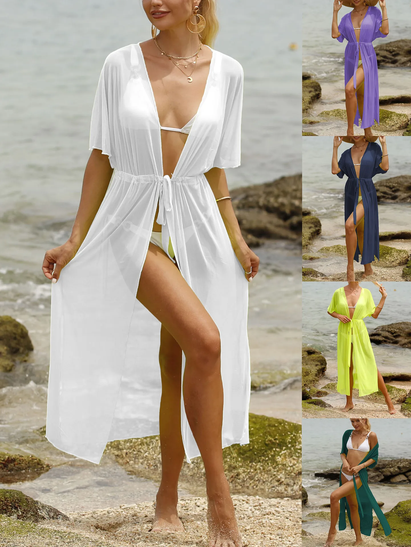 긴 여성 섹시한 태양 비치 드레스 메쉬 시스루 기모노 수영복 비키니 커버 스트랩 업 허리 레이스 업 스플릿 반소매