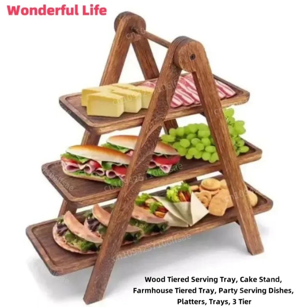 Rack de exibição de madeira para servir 3 camadas, bandejas de frutas e lanches, piquenique ao ar livre, acampamento, festa, sobremesa, decoração, quadro