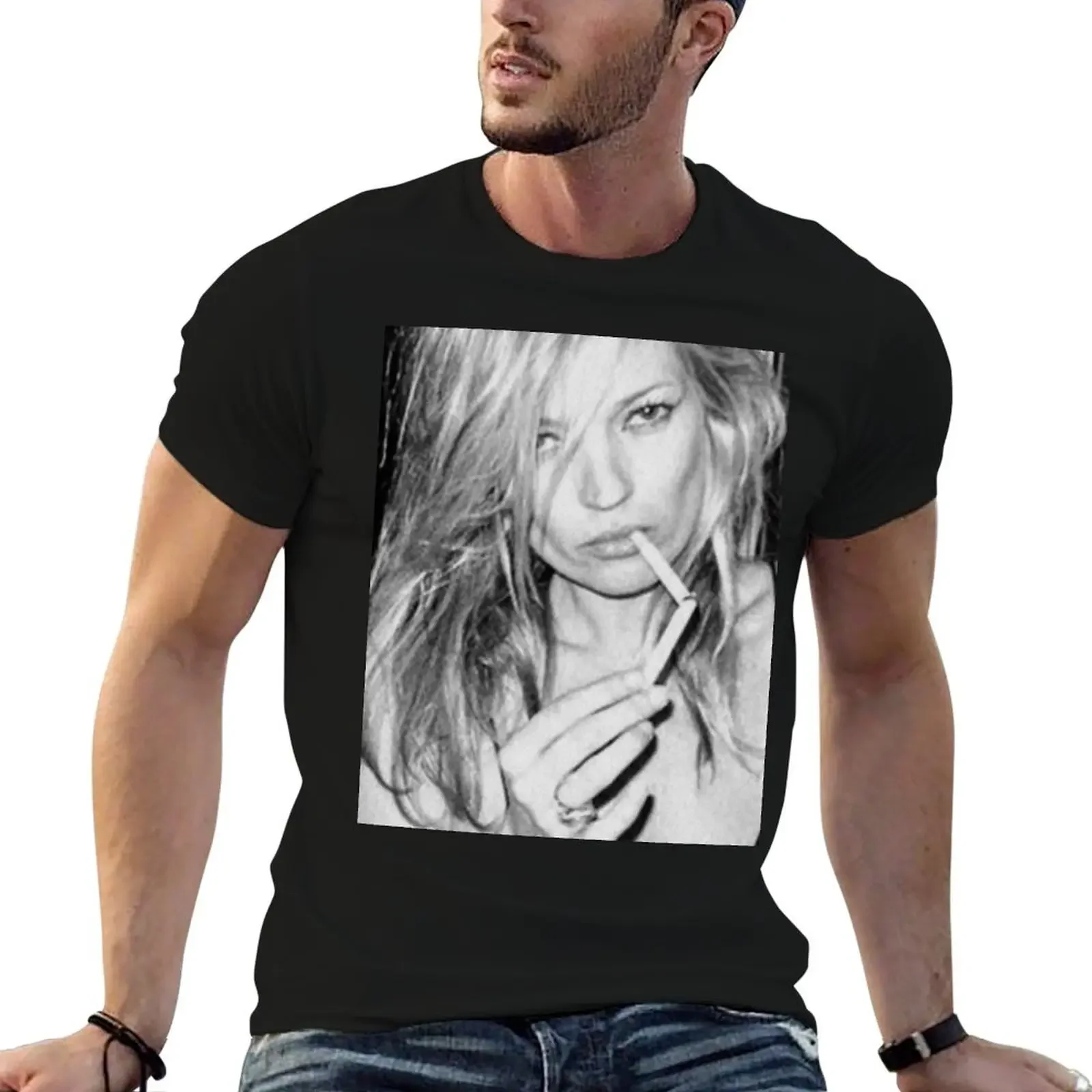 KATE MOSS SMOKING FASHION PHOTOGRAPHY 90s Black and white Editorial Cigarette T-Shirt vintage t shirts t shirts for men pack