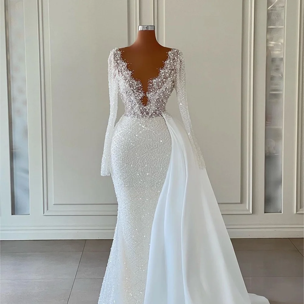 Luxury Pearls Mermaid Wedding Dresses White V-Neck Long Sleeves Sequined Bride Dresses Chic Fashion Lace Beaded Bridal Gowns