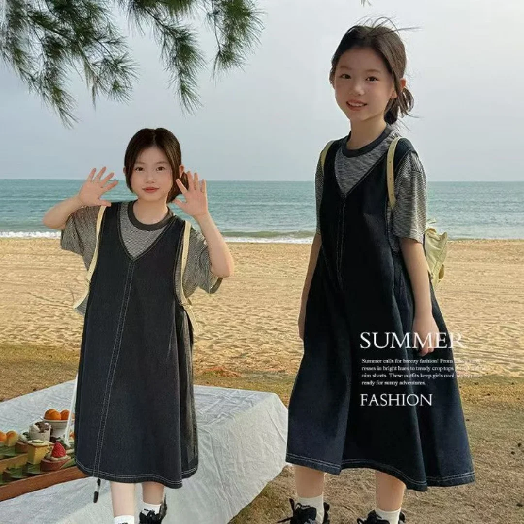 

Children's Set Summer New Striped Short Sleeved Top Girls' Casual Loose Denim Skirt Fashion Set