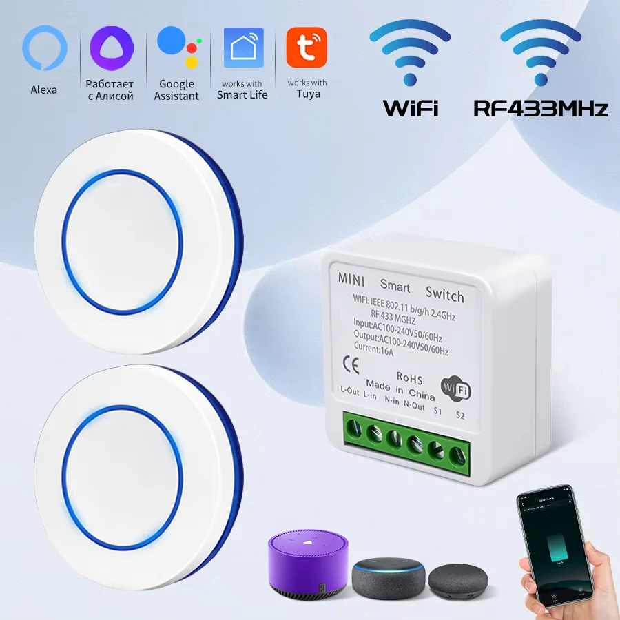 Tuya WiFi Smart Switch 20A 100-240V Relay Controller RF433Mhz Wireless Remote Control Mini Round Panel Switch For Led Light