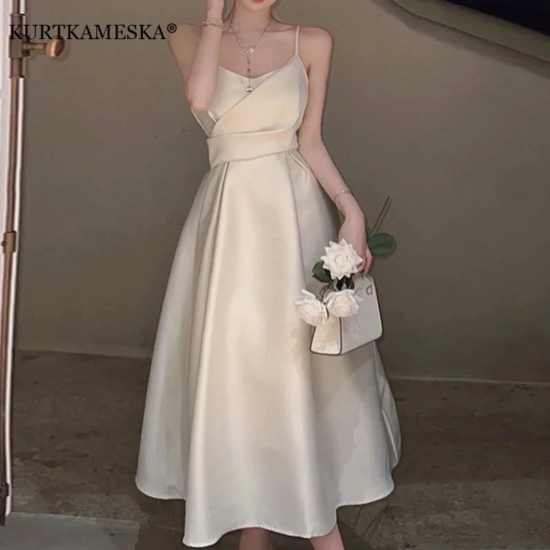 

French Luxury White Satin Midi Length Evening Dress for Bride 2024 Elegant Sexy Slim Strap Prom Party Dress For Women Vestidos