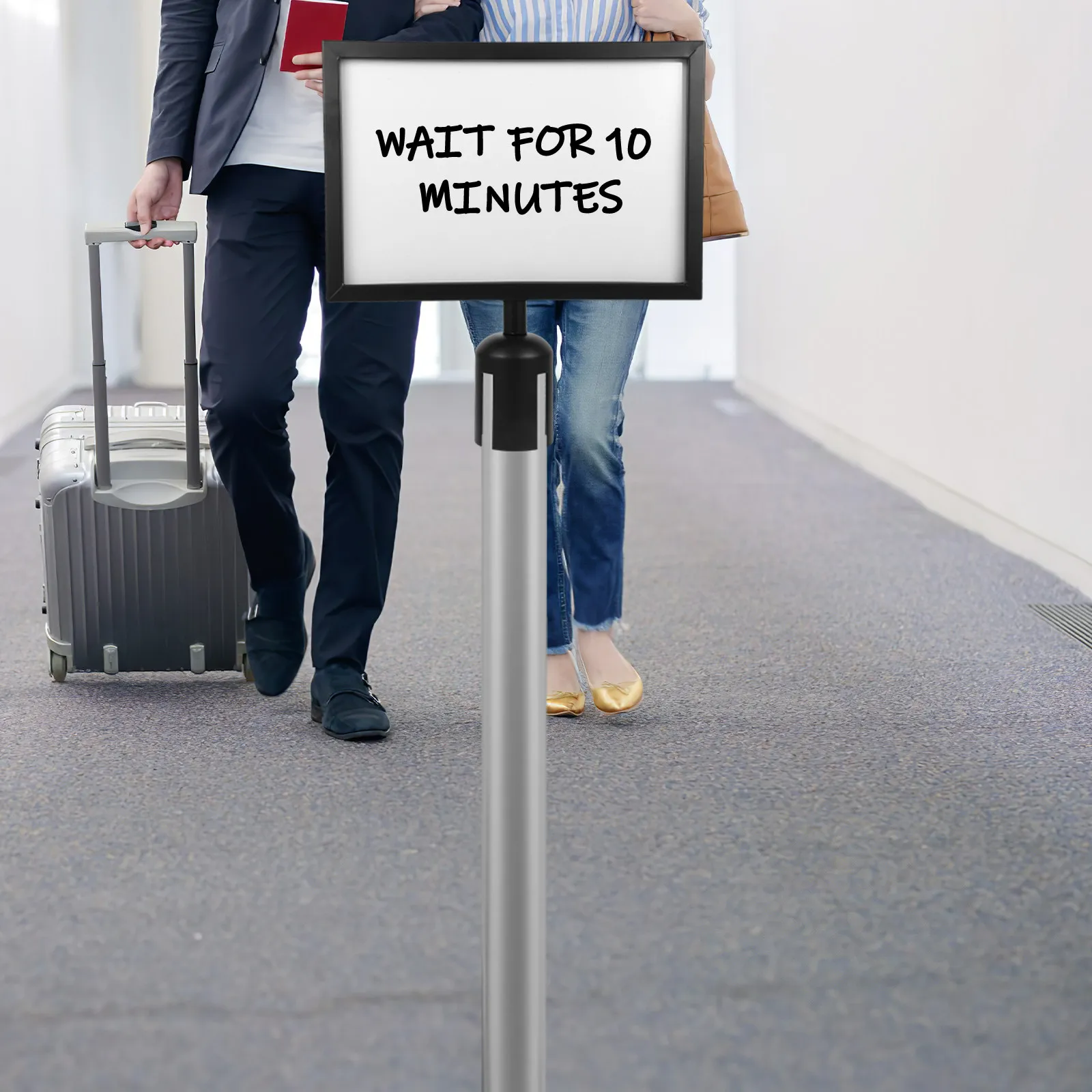 Stainless Steel Commercial Stanchion Sign Holder Airport Crowd Control Retractable Belt Safety Barrier Queue Line Pole Sign