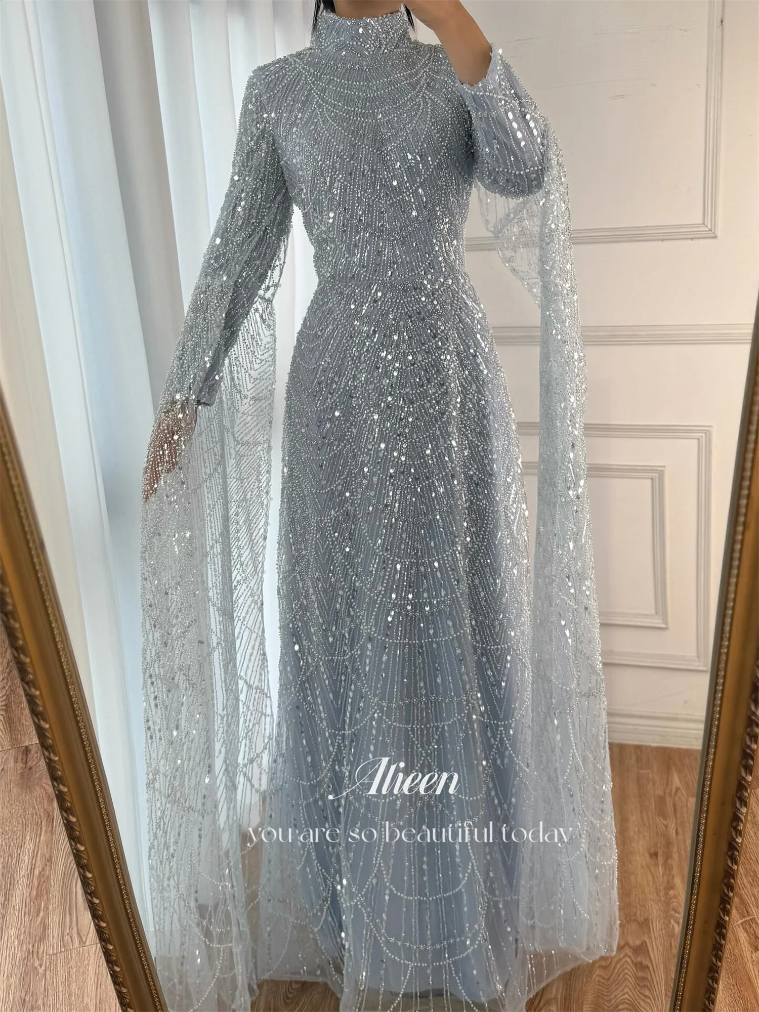 فساتين نسائية أنيقة باللون الأزرق السماوي من Aileen لحفلات الزفاف فستان سهرة نسائي مخصص مطرز بالخرز فيستدوس دي فيستا فساتين سهرة #4