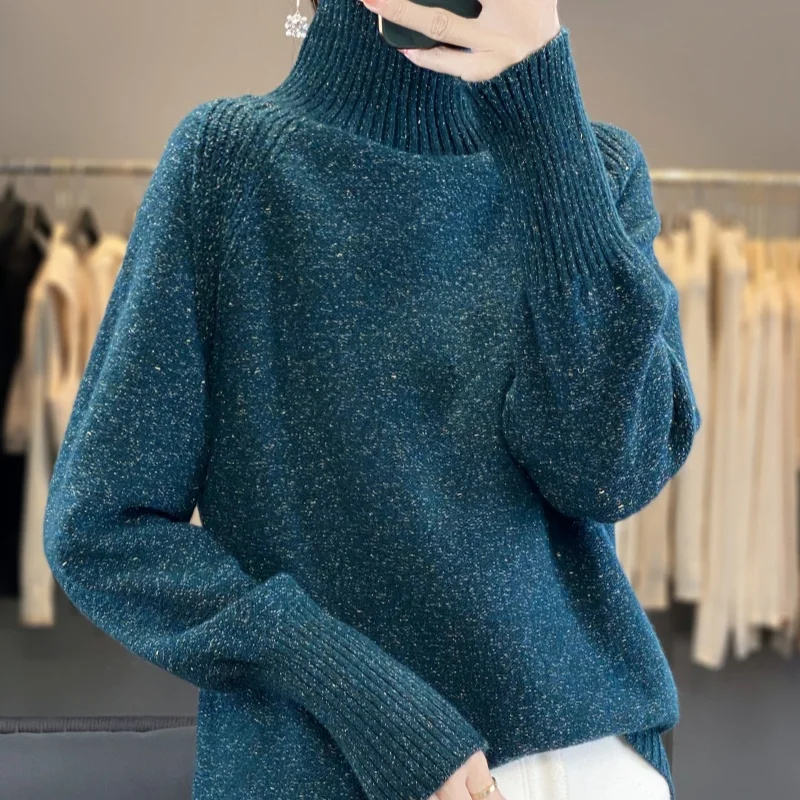 Winter Large Loose Women Knitted Pullover Golden Bean Wool Sweater High Neck Raglan Sleeve Thick Warm High quality Fashion Tops