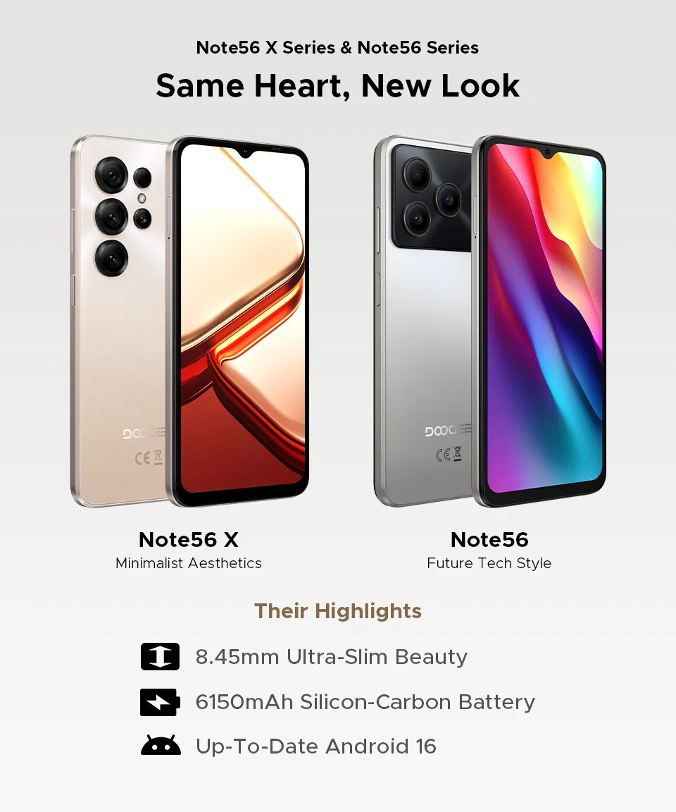 DOOGEE Note56 X Mobile Phone 8.45mm Slim Body 6.56" 90Hz Screen Android 16 6150mAh Battery Al Scene Recognition Smartphone