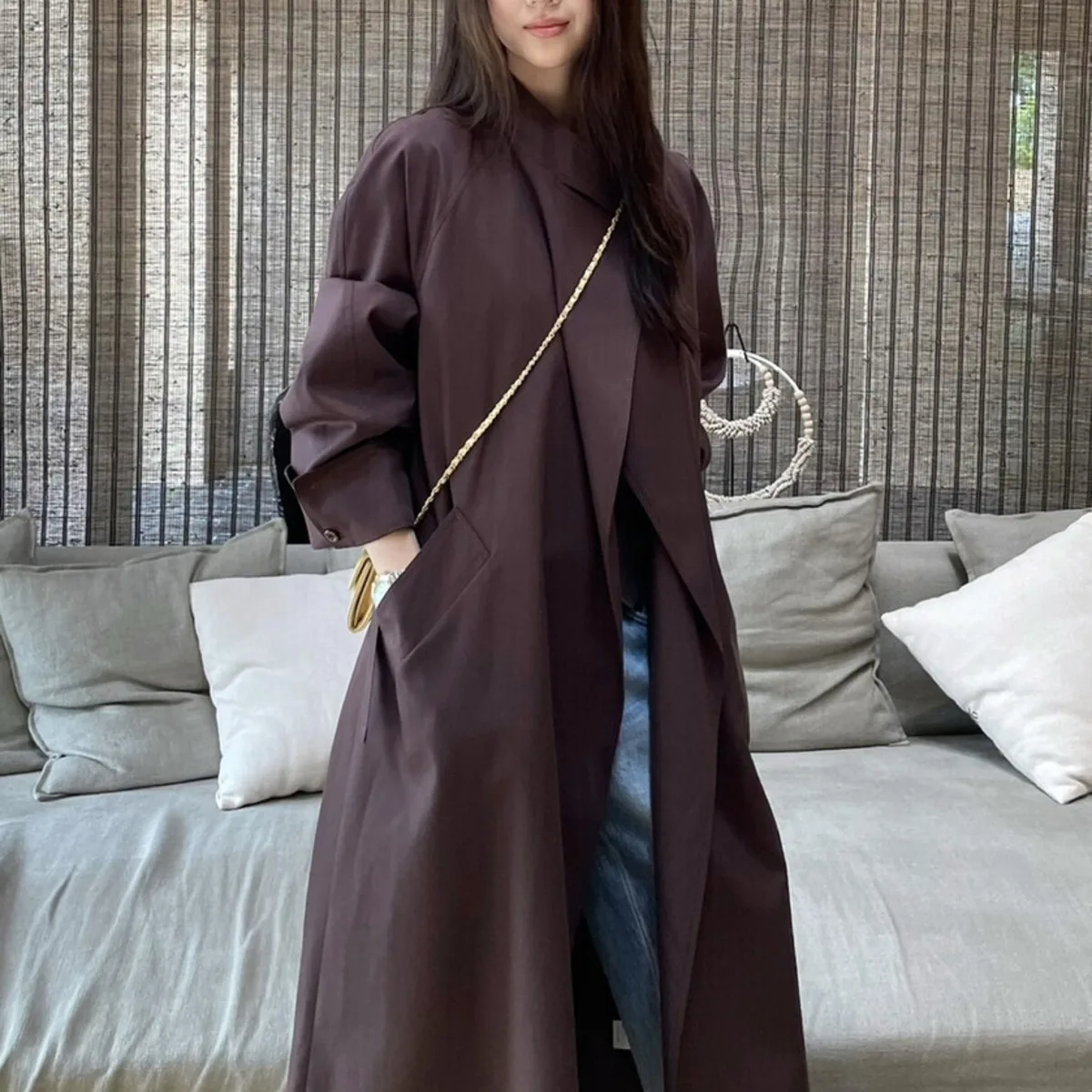 KWTX New Women’s Long Trench Coat Autumn Winter Solid Belted Stand Collar One Button Casual Chic Designer Elegant Vintage Style