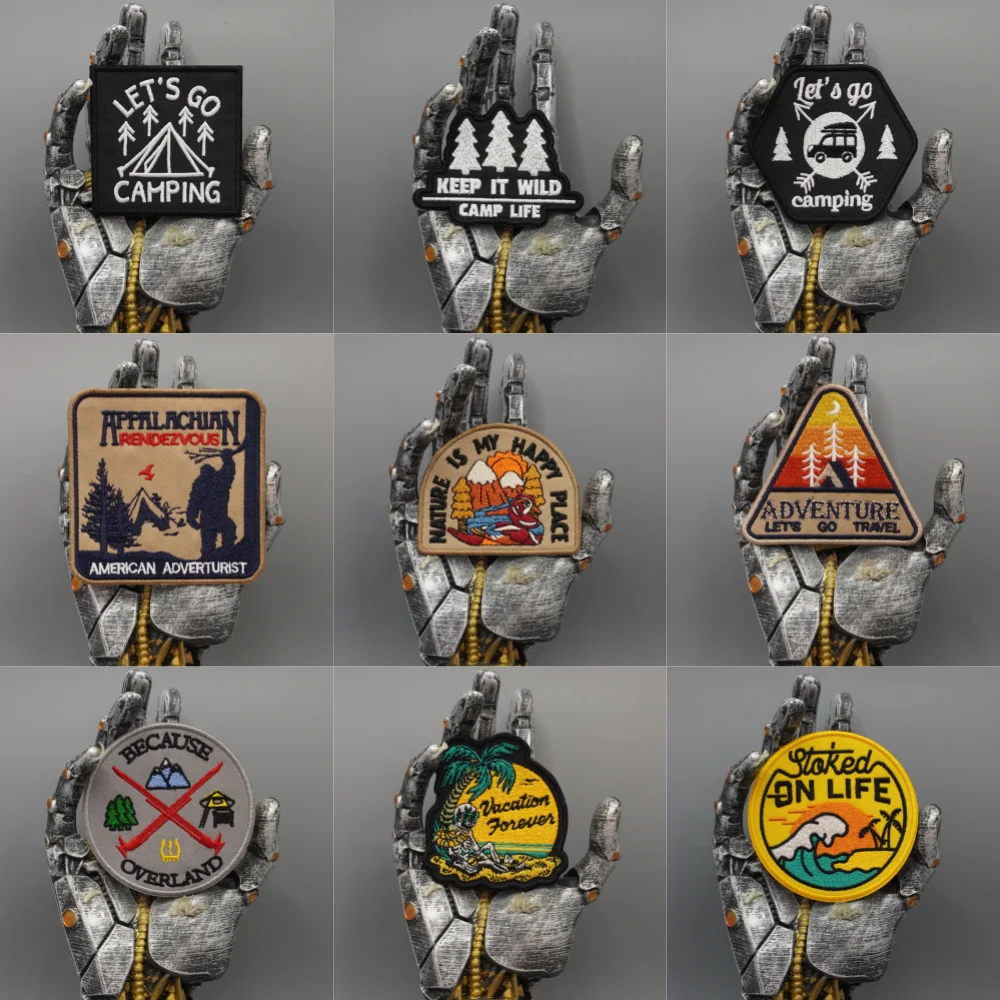 Wildnis-Camping-Abenteuer, besticktes Aufnäher-Set, Applikation, zum Aufnähen, Punk-, Biker-, Band- und Rock-Kleidungs-Embleme, zum Anbringen mit Klettverschluss oder zum Aufbügeln. – Detail 1