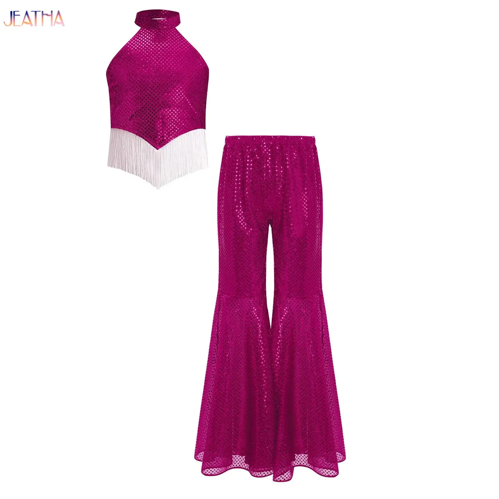 

Kids Hip Hop Street Jazz Dance Set Halloween Carnival Disco 70s 60s Hippie Cowgirls Performance Costume School Party Dancewear