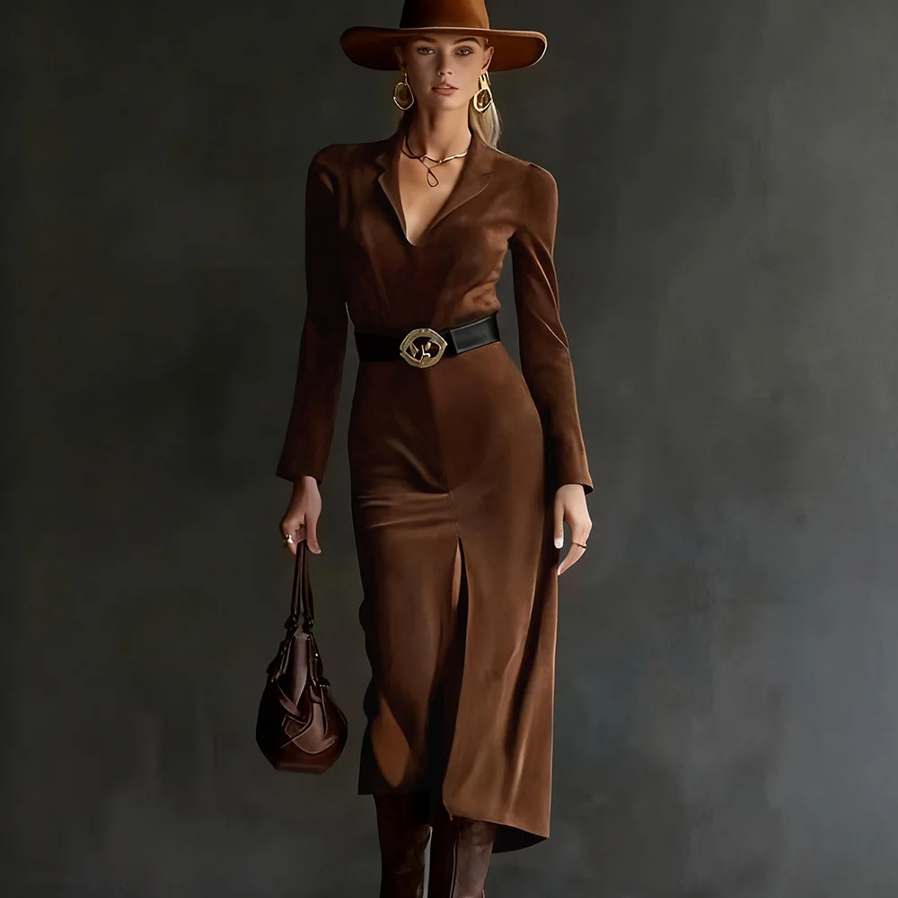 

2025 Autumn Winter New Temperament Commuter Women's Long Skirt Fashionable Solid Color V-neck Long-sleeved Belt Waist Slit Dress