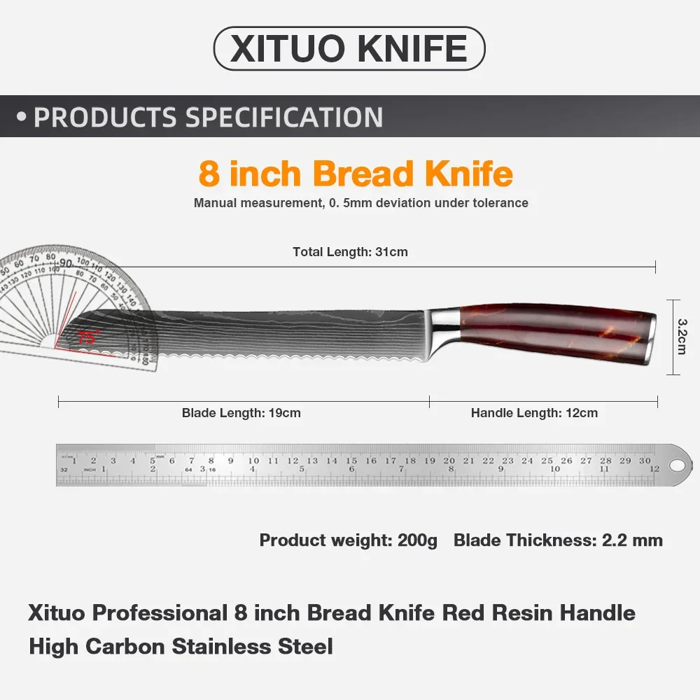 8 Inch Serrated Bread Knife Stainless Steel Blade Razor Sharp Wavy Edge Bread Cutter for Slicing Homemade Bagels, Cake