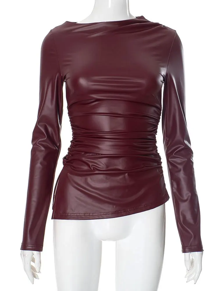 GACVGA-T-shirt à manches longues en cuir PU pour femme, plis sexy, chemises élégantes, mode automne et hiver, Y2K Slim Fit