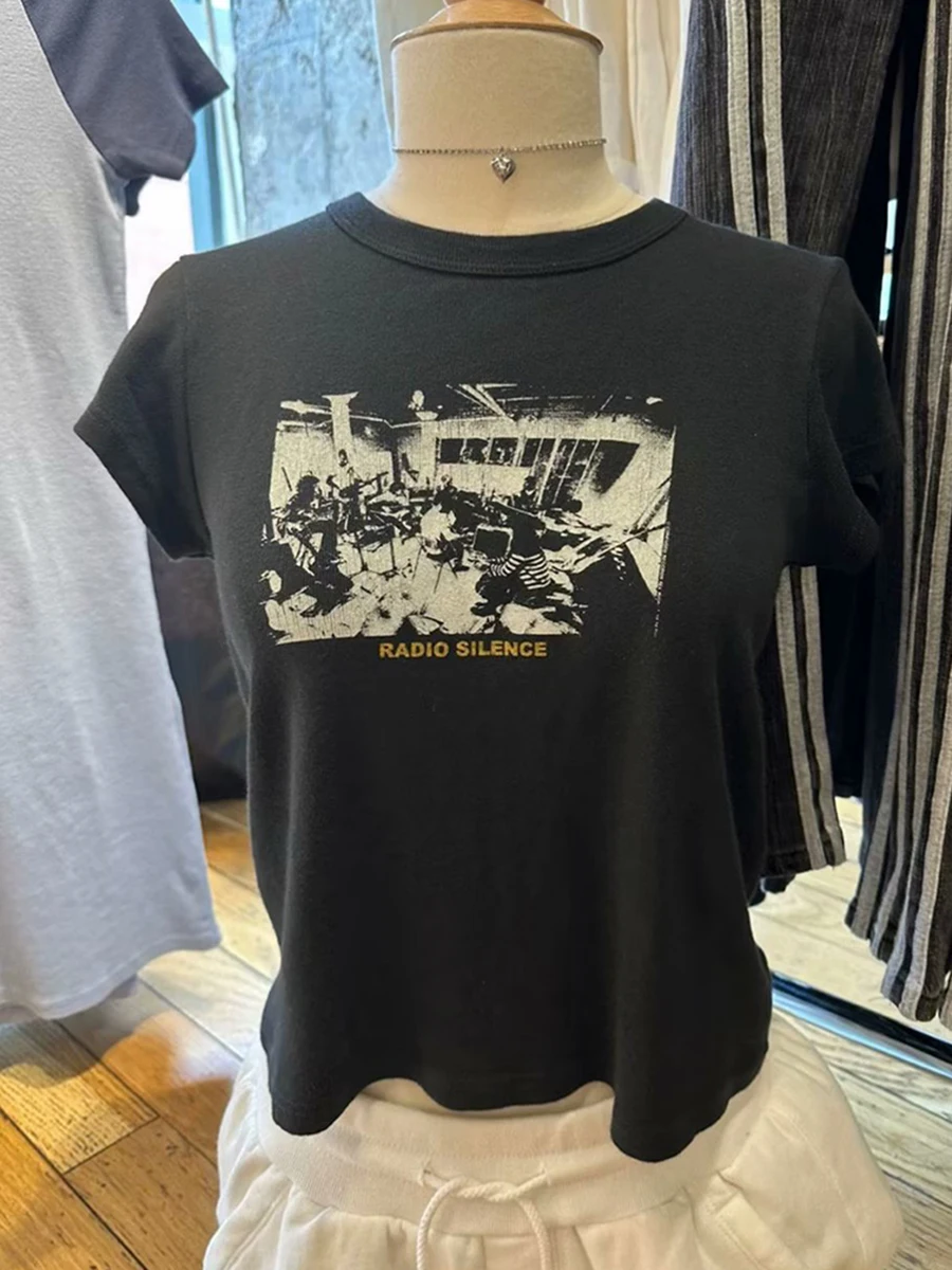 

Черные футболки с принтом рок-группы, женские летние повседневные хлопковые футболки с круглым вырезом и короткими рукавами, женская уличная одежда, винтажные топы Y2K