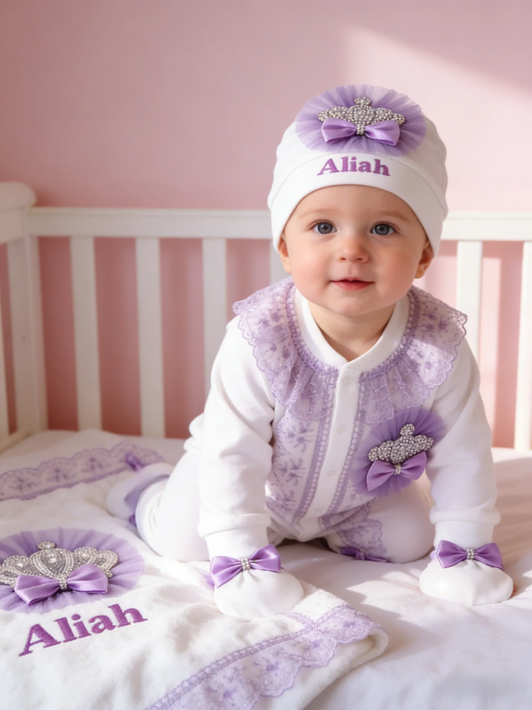 Custom Name Lavender Rhinestone Crown Lace Baby Girl Coming Home Outfit 4Pcs Luxury Princess Newborn Footed Jumpsuit Set
