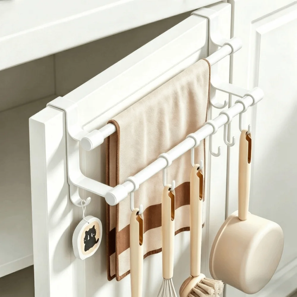 Space-Saving Double Rod Towel Rack Heavy Duty Punch-Free Door Rear Hook Storage Rack Light Luxury Metal Bath Towel Organizer