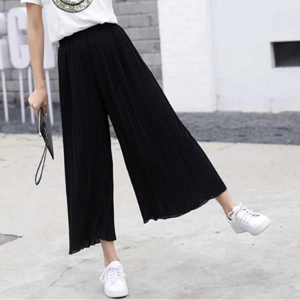 Female Fold Pleated Pants Summer Spring Black Casual Loose Elastic Waist High Pleated Wide Leg Women Chiffon Loose Pants