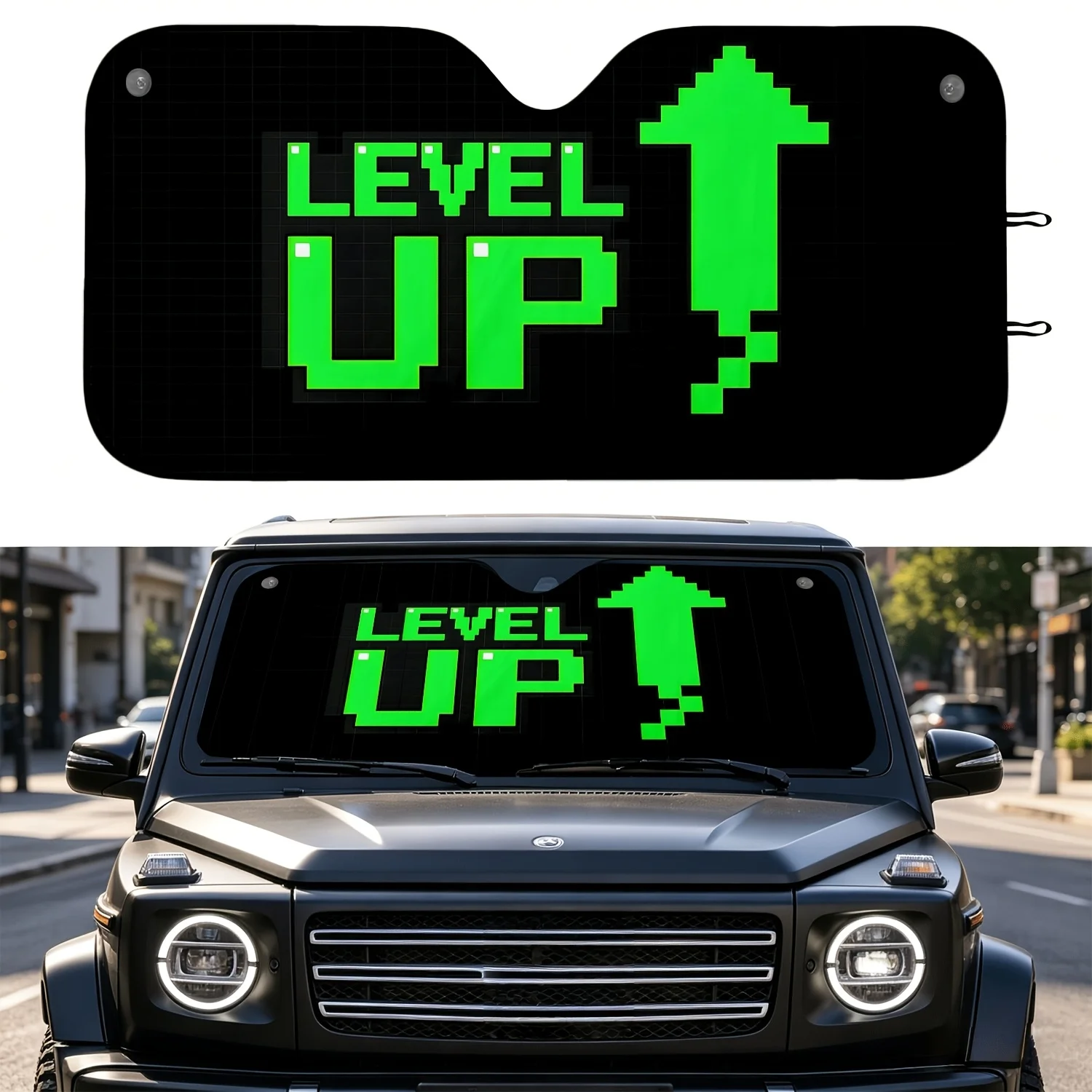 1pc 2D Printed Pixel Upgrade Arrow Green Theme Car Windshield Sunshade, Durable Car Sunshade Accessory