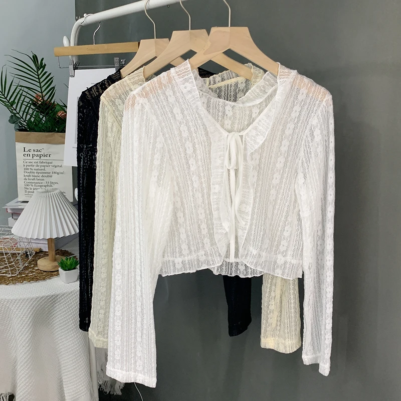 

Sweet Style Lace Sun Protection Ultra-Short Cardigan Women's Summer Thin Chiffon Open-Shirt Korean Version V-neck Long-s...