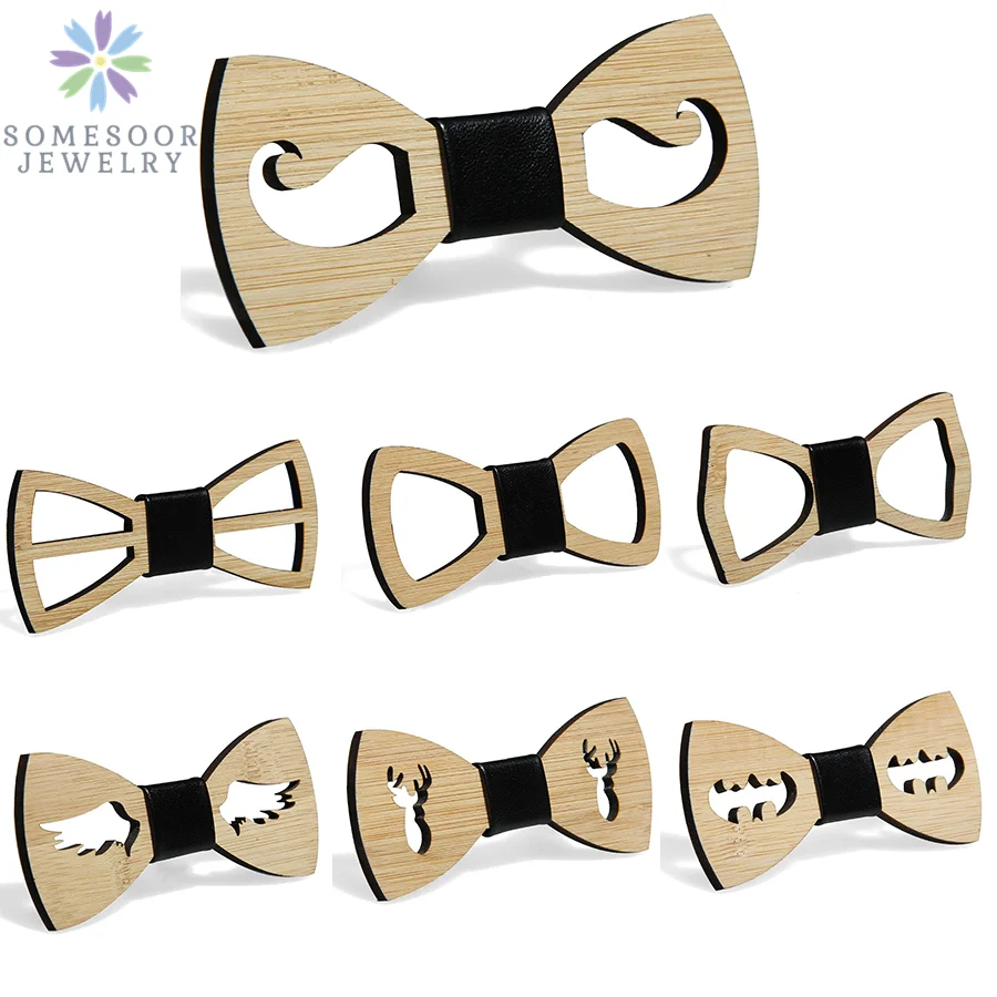 

SOMESOOR Unfinished Natural Wooden Bowtie Engraved Hollow Beard Wing Elk Bat Cartoon Neck Wear Bowknot For Boys Accessories