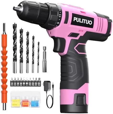 

PULITUO 12V Pink Cordless Drill Kit with LED & 21+1 Torque – Battery & Charger Included