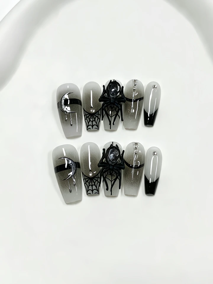 10 uñas postizas trapezoidales de longitud media, con luna plateada líquida y cinta negra, estilo gótico oscuro, para salidas nocturnas, subcultura, Y2K, fiestas y festivales 2