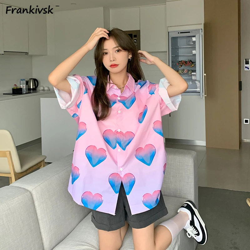 Love-design Shirts for Women Gradient Color Summer Loose College Korean Style Casual Cozy All-match Half Sleeve Fashion Clothing