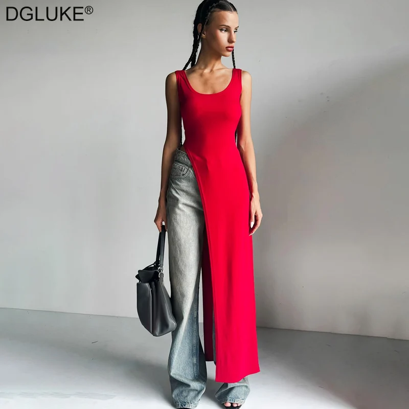 

DGLUKE Scoop Neck Sleeveless Long Dress For Women Summer Casual Tank Dress Y2K Sexy High Split Maxi Dress Streetwear