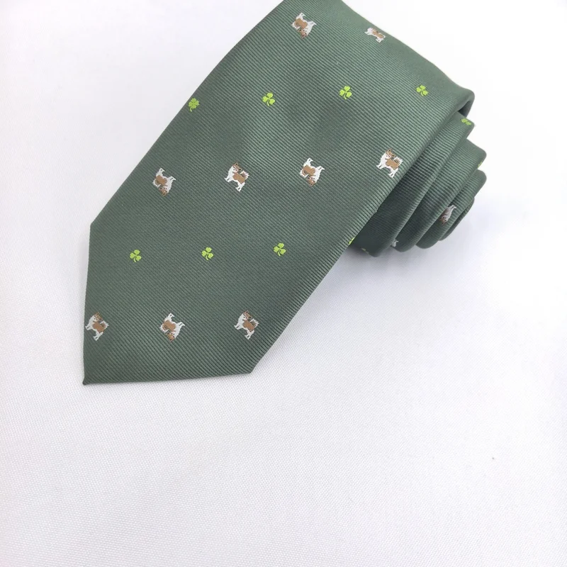 Irish Bulldog Clover Tie Mens Olive Green St Patrick Day Necktie Self-Tie Handmade Business Necktie 8cm 100 Percent Polyester Lu