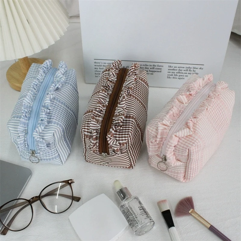 Kawaii Korean Ruffle Trim Fabric Cosmetic Bag Plaid Stripe Large Portable Makup Up Skincare & Stationery Storage Purse Case