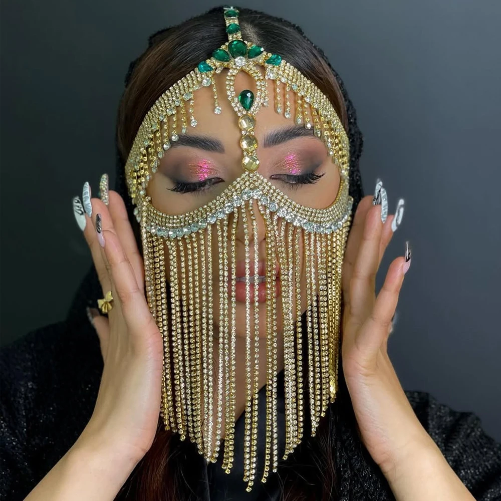 Belly Dance Long Tassel Mask Veil Masquerade Cosplay Accessories Elegant Headband Green Rhinestone Face Chain Mask Prom Jewelry