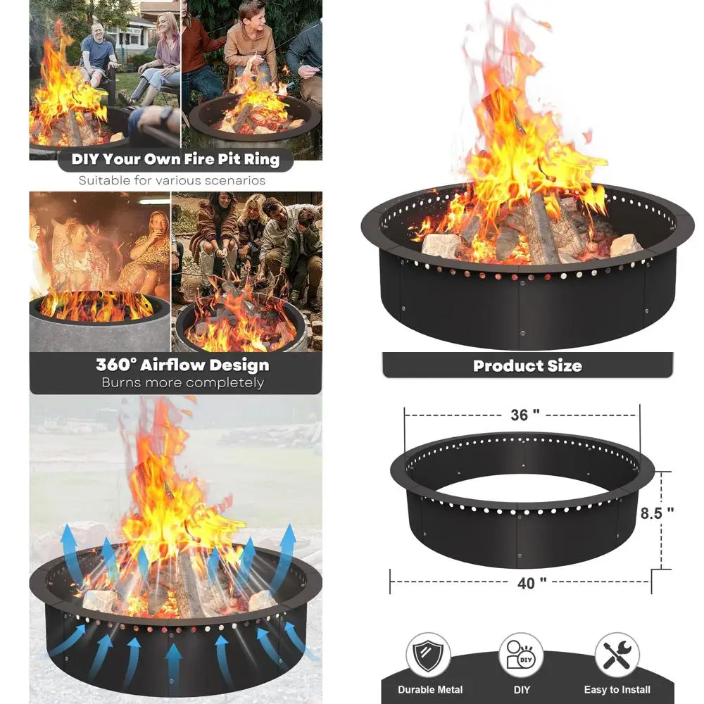 

36 Heavy-Duty Outdoor Fire Pit Ring, Black Metal Steel DIY Campfire Liner for Wood Burning, Above or In-Ground Use