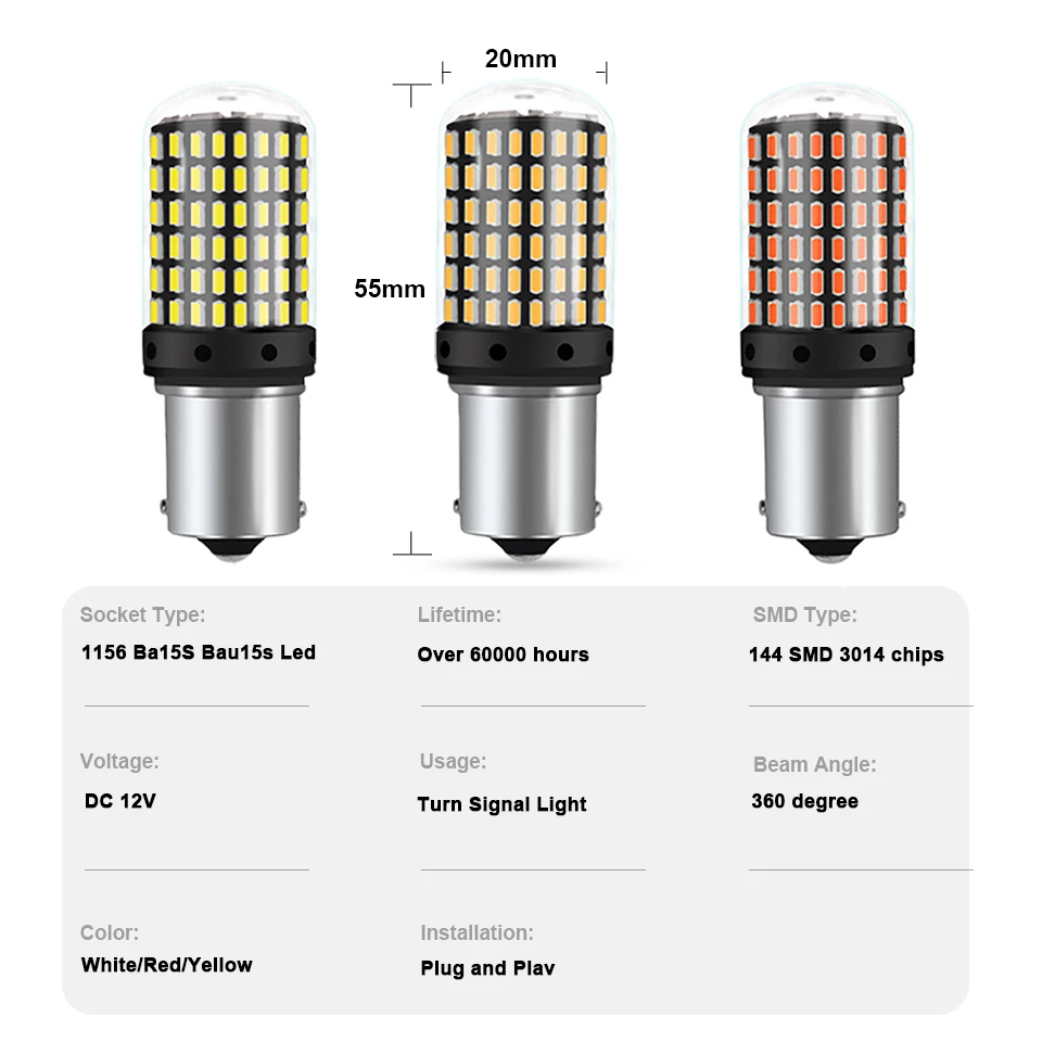 ANMINGPU 2pcs 1156 BA15S P21W BAU15S PY21W T20 7443 W21/5W 1157 BAY15D LED Bulbs 144smd Canbus Lamp Reverse Turn Signal Light