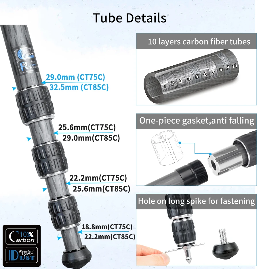 INNOREL CT75C/85C Kohlefaser-Stativ für DSLR-Kamera, robuster Ständer, Kugelkopf mit geringer Schwerkraft und verstellbarer Mittelsäule – Detail 4