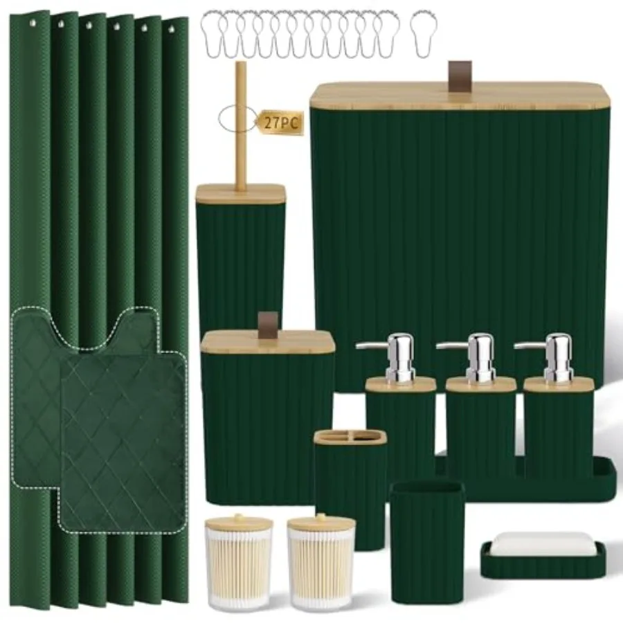 

Bathroom Accessory Set - Bathroom Sets with Shower Curtain and Rugs, Green Bathroom Set, 27PC Bathroom Accessories Set, Mini Tr