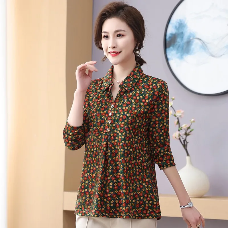 Female Clothing Vintage Broken Flowers Shirt Casual Folds Spliced Spring Autumn Polo-Neck Buckle Midi Blouse