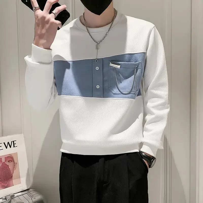 T Shirts for Men Business Formal Male Clothes Sweatshirts Tops White Spliced Y2k Designer Winter Bulk Full Sleeve It One Piece A