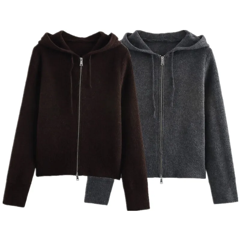 Spring 2025 Women's Faion Hooded Long Sve Flat Knit Sweatirt Versatile Simple Design Commute Sle Regular Length Card...