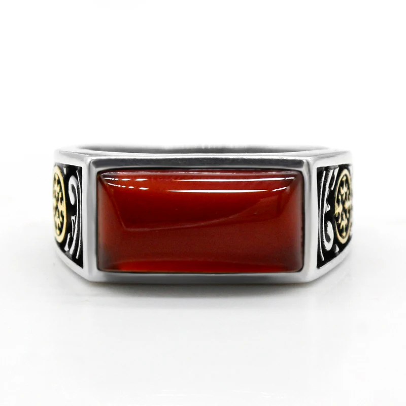 خاتم جديد من الفضة الإسترليني عيار 925 خاتم ذهبي بعملة معدنية للرجال بسيط منحنى مربع أحمر من العقيق Türkiye مجوهرات عصرية في الشرق الأوسط #5