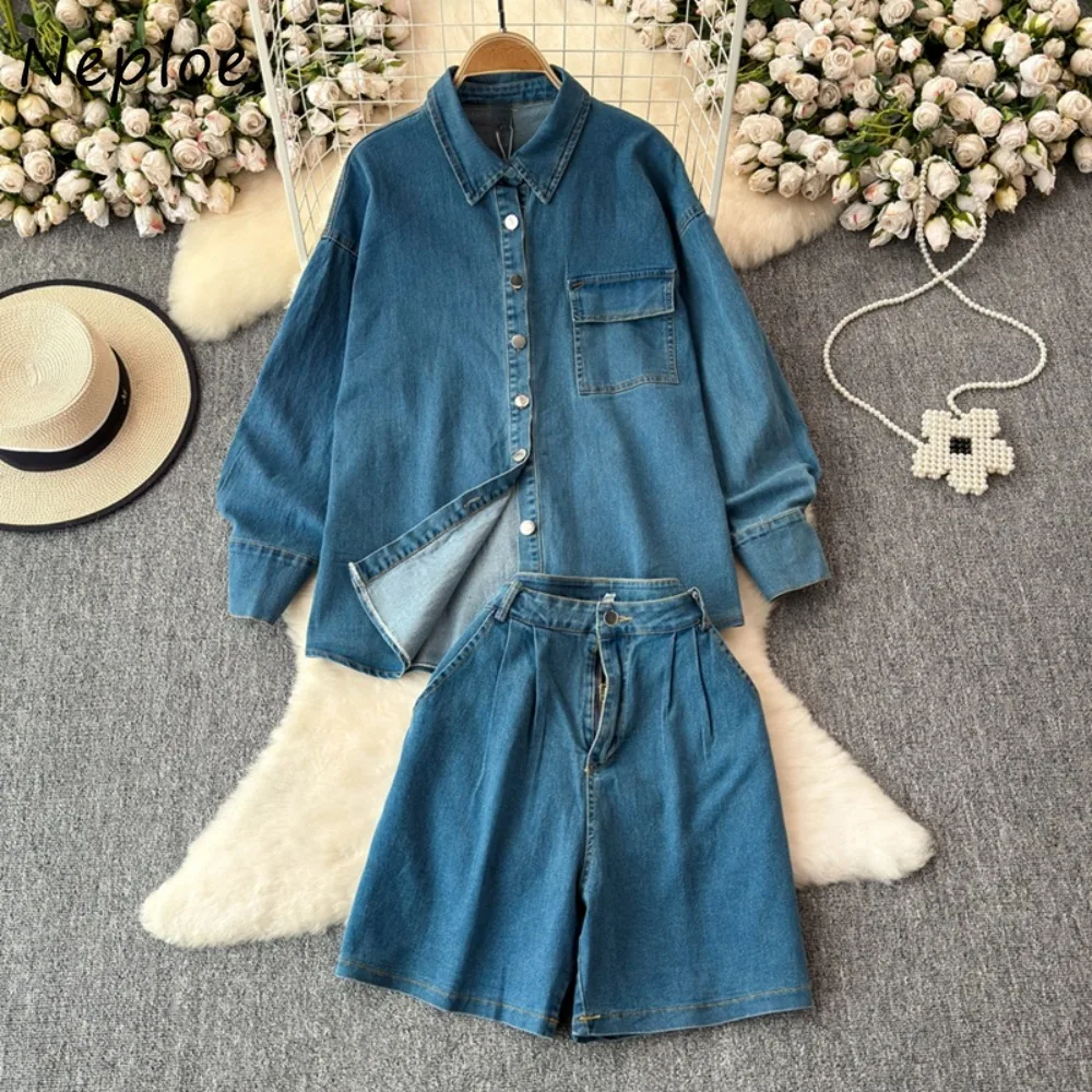 Neploe Europe Turn-down Collar Long Sleeve Set Tops Loose High Waist Vintage Small Fellow Shorts Elegant Suits Denim Short Women