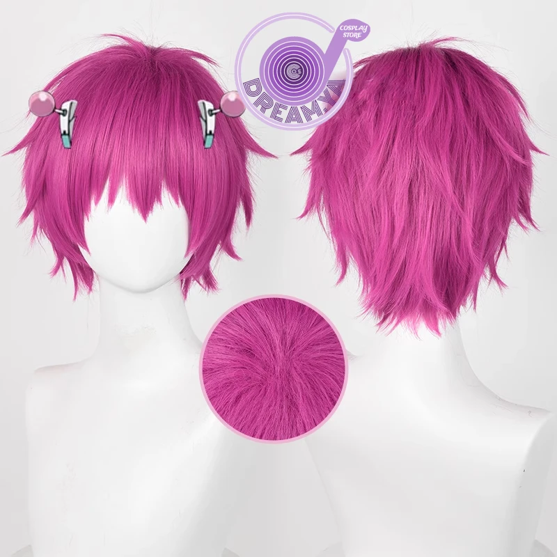 Saiki Kusuo Cosplay Wig Saiki Kusuo No Sainan Pink Short Heat Resistant Synthetic Hair Halloween Party Role Play + Wig Cap