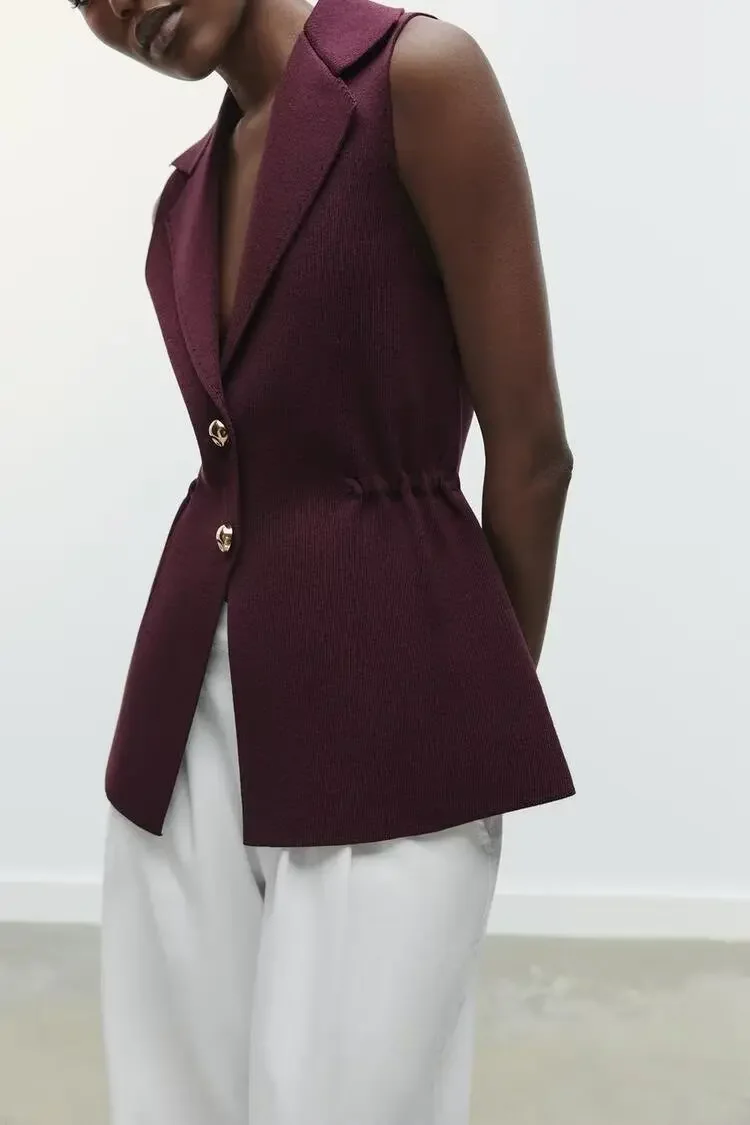 RAFZNB Damesplooien Taille Gebreid Vest Mode Turn-down Kraag Mouwloze Vesten Jassen Vrouwelijke Chique Tops