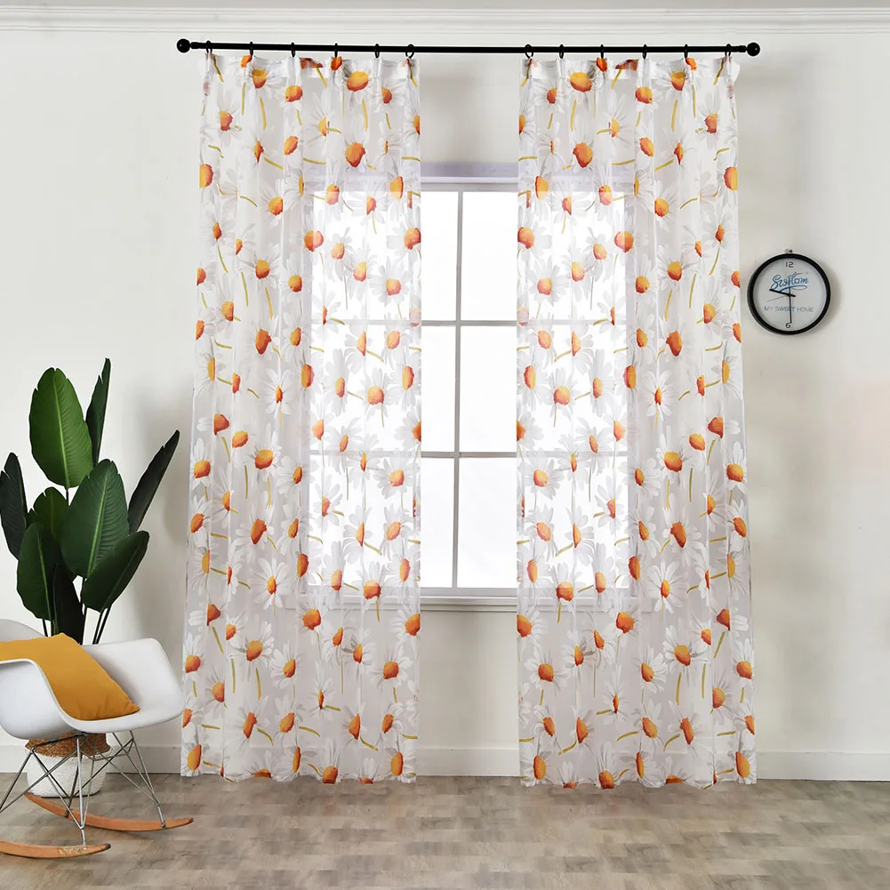 LEEJOOM Floral Flower Curtain White Tulle Daisy Sheer Window Curtain Drapes In Living Room Home Decor 1PC