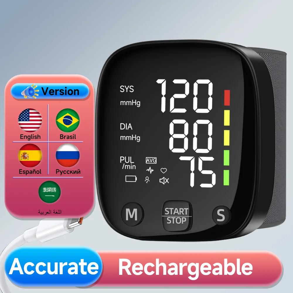 Nouveau moniteur de pression artérielle au poignet LED Rechargeable anglais/russe/Portugais/espagnol