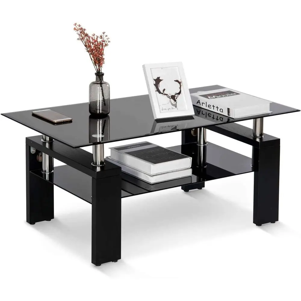 

Современный журнальный столик с черными металлическими ножками и 2 полками для хранения вещей в гостиной