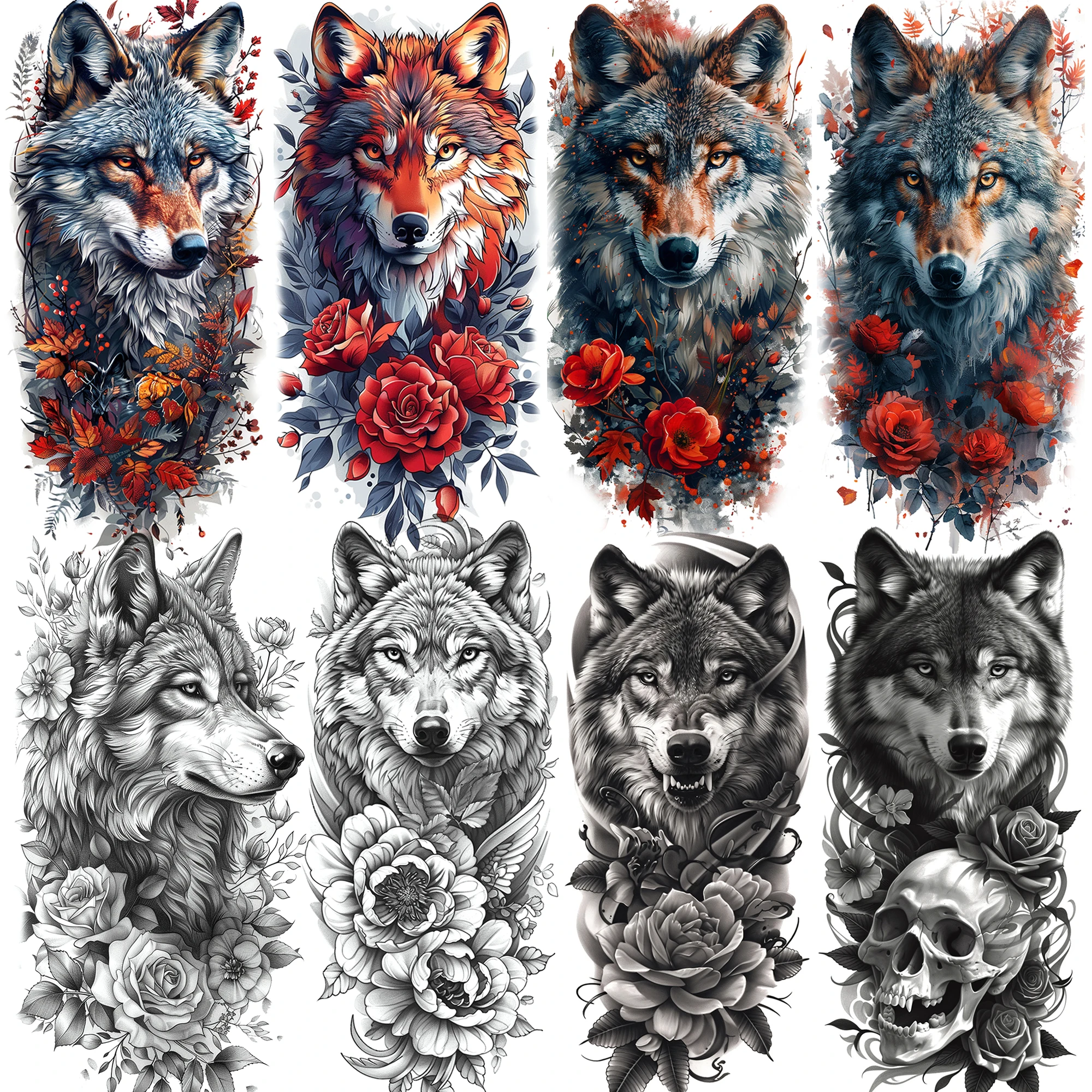 

1 Sheet Waterproof Wolf With Flowers Temporary Tattoos For Women Girls Realistic Fake Tattoos Body Art Tatoo Sticker Last Long