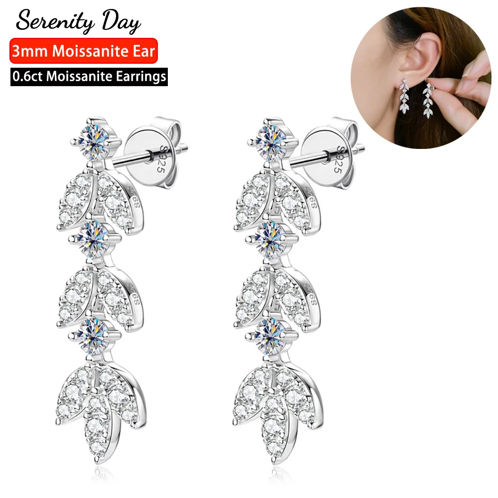 Serenity Day 0.6cttw D Color 3mm Moissanite Drop Earrings For Women Gift S925 Silver Flower Stud Ear Plated Pt950 Fine Jewelry