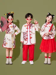 Girls Cheongsam Hanfu Costume Red White Print Tops Red Pants Skirt for Kids Boys Chinese Traditional Clothing